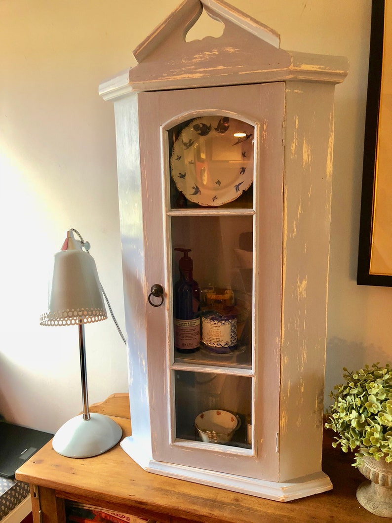 Pretty Blue Painted Distressed Wall Dresser Glass Fronted Etsy