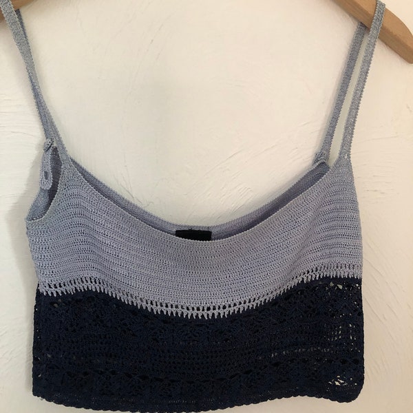 Vintage original BIBA London crochet crop top blue tones size UK 8 or 10, boho/70's style