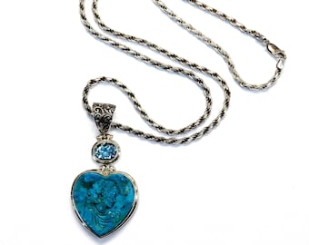 Sterling Silver Turquoise Cameo Heart Shape Oval Blue Cubic Zirconia Pendant Necklace #253640726402