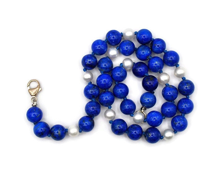 Sterling Silver lapis Lazuli and Pearl Beads Necklace # 253817928371