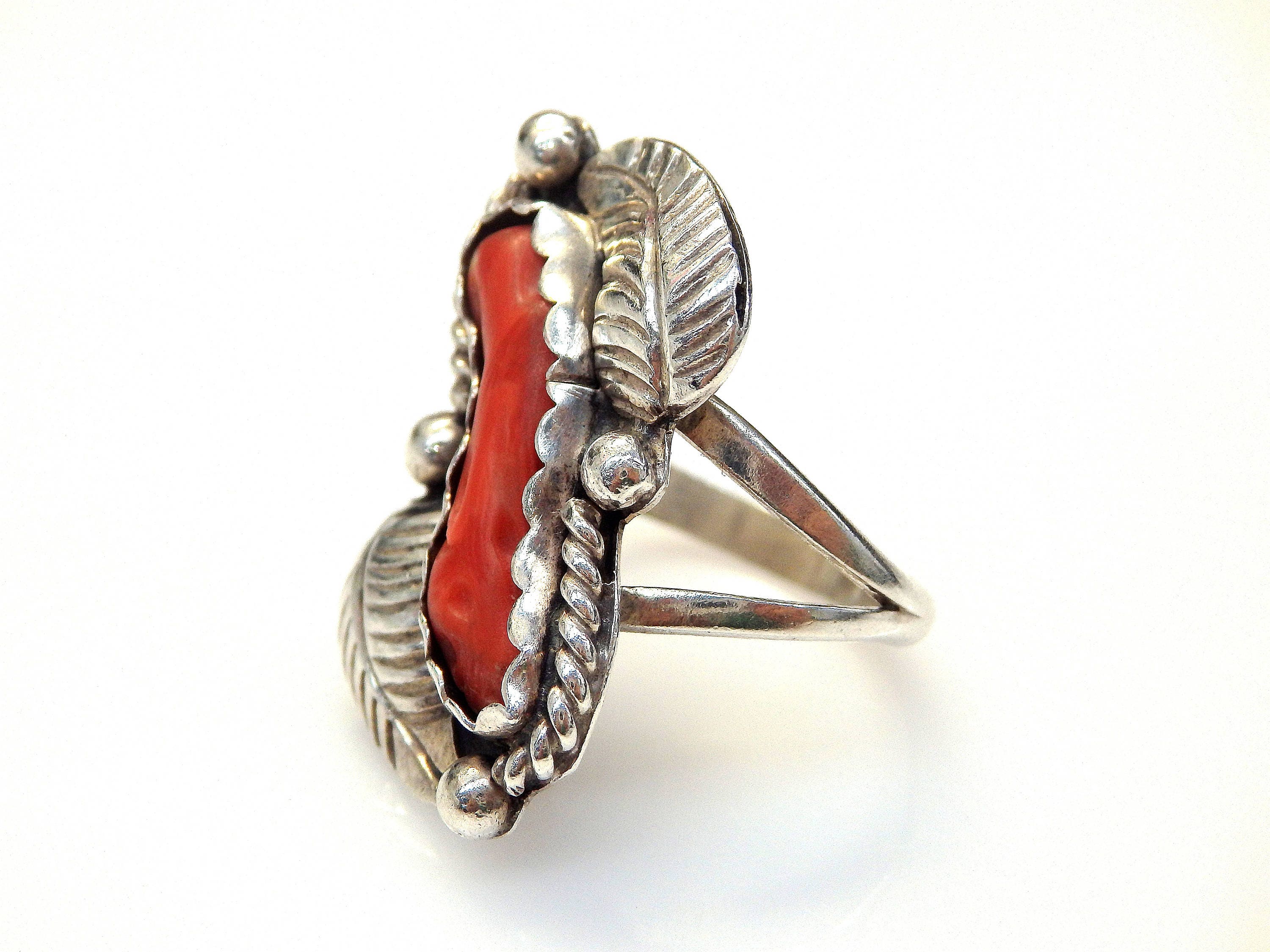 Sterling Silver Cabochon Cut Coral Leave Design Ring #253660493971