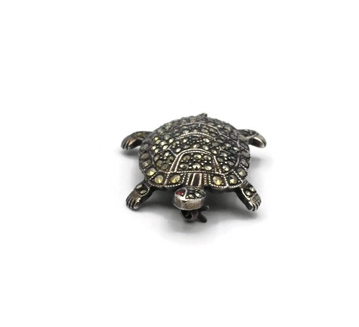 Sterling Silver Marcasite Accent Turtle Brooch #264168217092