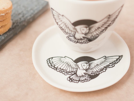 Handmade Small Plate White Porcelain Black Moon Owl Tattoo Etsy