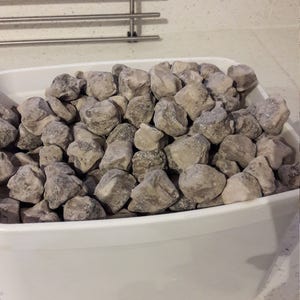 以下が含まれることがあります： 白いプラスチック製の容器に、灰色と茶色の石が詰められています。石は不規則な形をしていて、ざらざらした質感です。