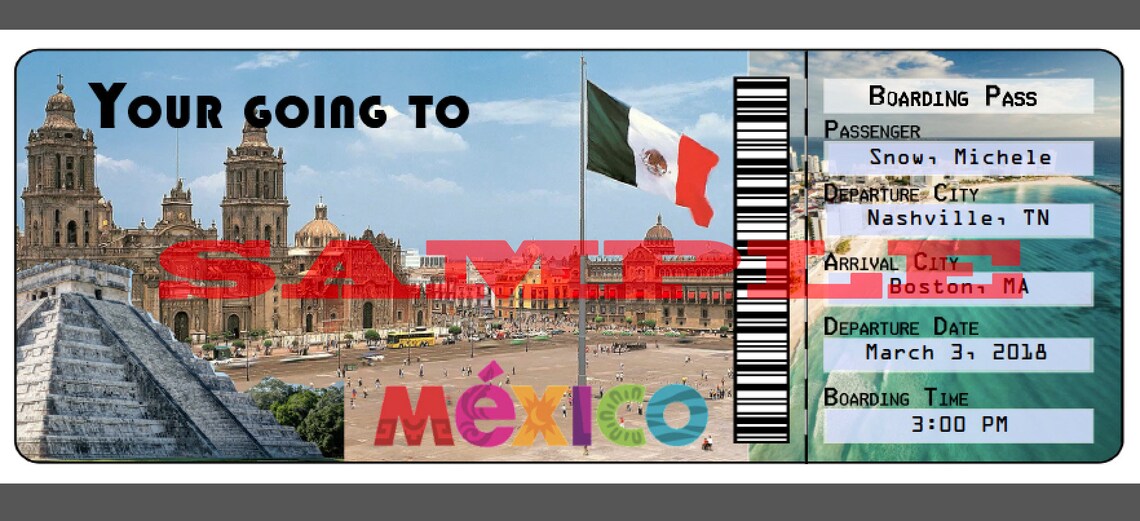 Ticket to Mexico...Boarding Pass...Gift Surprise show them Etsy