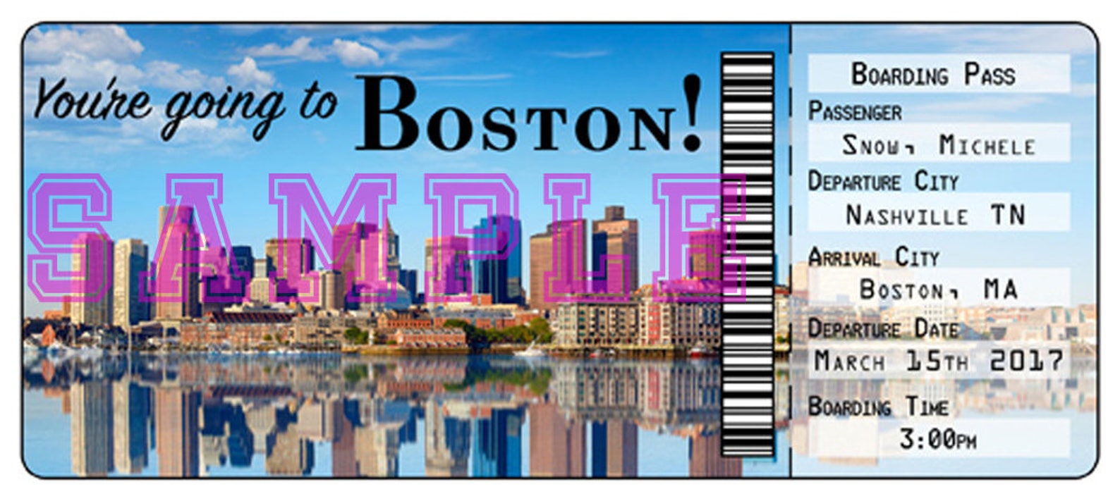 Ticket to Boston...Boarding Pass...Gift Surprise show them Etsy