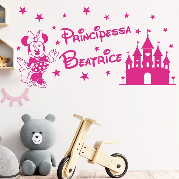 Adesivi murali per cameretta bambini con castello e scritta principessa con nome Wall stickers personalizzato wall decal da parete nursery