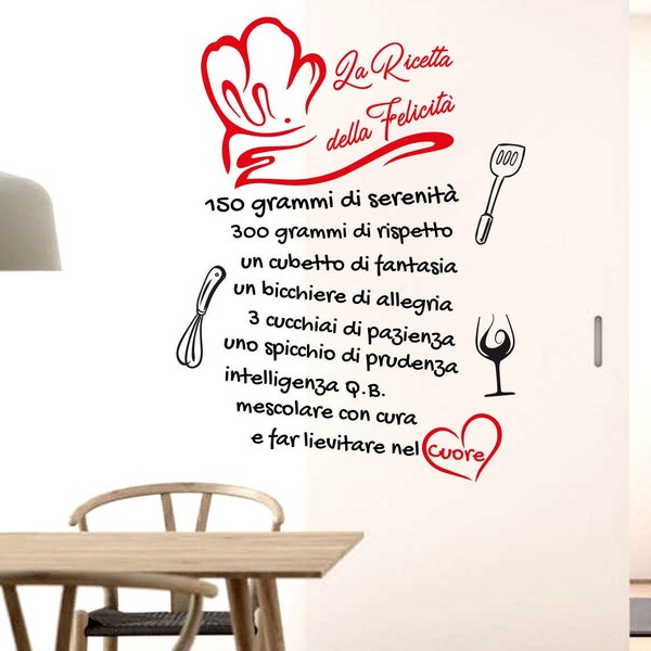 Adesivi murali cucina La ricetta della felicità  amore cuore  cibo citazione adesiva wall stickers decorazione da parete cucina famiglia