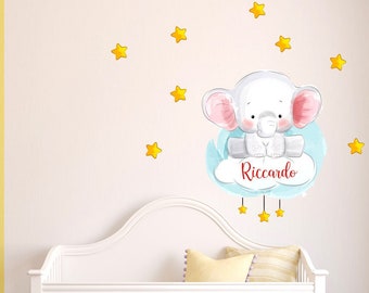 Adesivi murali bambini wall stickers con nome personalizzato cameretta elefante e stelle con nome personalizzabile  nuvola wall decal