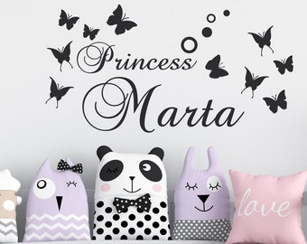 Adesivi murali con nome cameretta bambini Princess con farfalle e pois Wall stickers nome personalizzato wall decal adesivo parete nursery