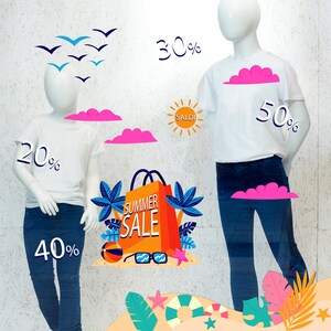 Vetrofania saldi estate adesivi sconti vetrina negozi vendite estive decorazione antigraffio antibolle rimovibile stickers summer sale