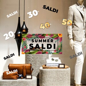 Vetrofania saldi estate adesivi sconti vetrina negozi vendite estive decorazione antigraffio antibolle rimovibile stickers summer sale