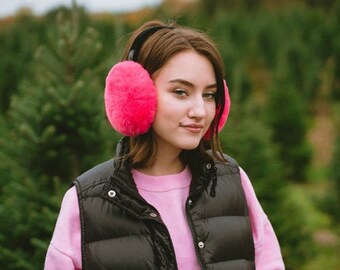 Big Earmuffs Faux Fur. Pink Earmuffs Gray. Oversized Earmuffs. Women Gifts Under 25. Stocking Stuffer. Warm Gift Women. Gray Ear muff Black