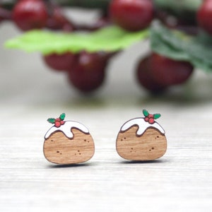 Christmas Pudding Earrings - Festive Wooden Studs with Hypoallergenic Posts