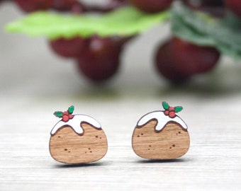 Christmas Pudding Earrings - Festive Wooden Studs with Hypoallergenic Posts