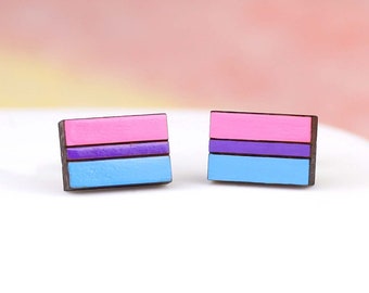 Bisexual Flag Earrings - Hand Painted Wooden Pride Studs with Hypoallergenic Posts - LGBTQ+ Pride