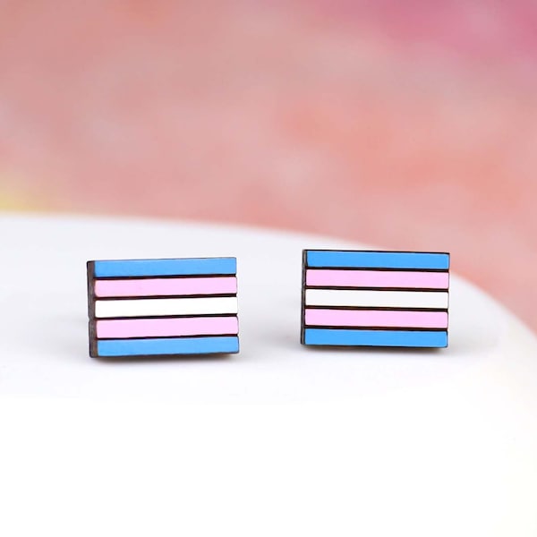 Transgender Flag Earrings - Hand Painted Wooden Transexual Studs with Hypoallergenic Posts - LGBTQ+ Pride