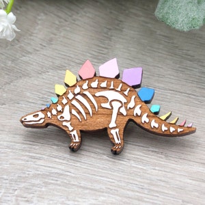 Rainbow Stegosaurus Pin - Hand Painted Dinosaur Skeleton Badge, Colourful Vibrant Brooch, Pride Gift, Jurassic Themed Accessories