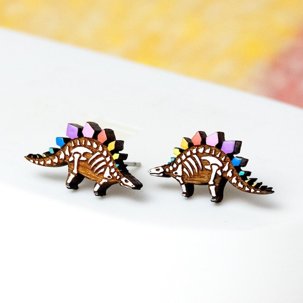 Rainbow Stegosaurus Earrings - Pastel Dinosaur Skeleton Studs, Hypoallergenic Posts, Valentines Dino Lover Gift, Colourful Geeky Jewellery