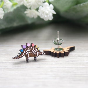 Rainbow Stegosaurus Earrings Pastel Dinosaur Skeleton Studs, Hypoallergenic Posts, Valentines Dino Lover Gift, Colourful Geeky Jewellery image 9