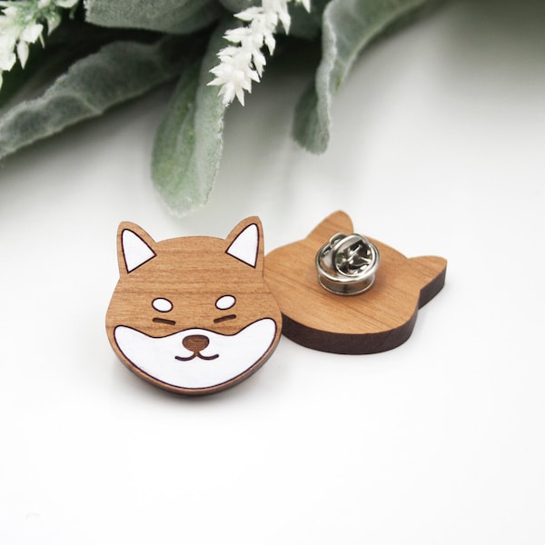 Shiba Inu Pin - Hand Painted Wooden Brooch - Dog Pin
