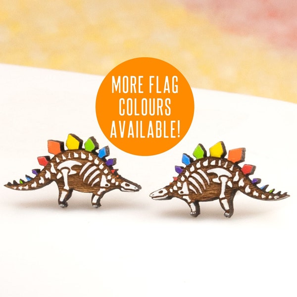 Pride Flag Stegosaurus Earrings - Transgender, Asexual, Bisexual, Pansexual, Non-Binary - Dinosaur Skeleton Studs, Hypoallergenic Posts