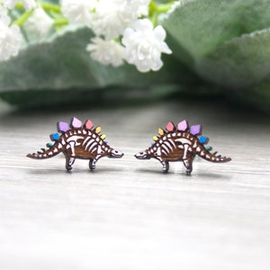 Rainbow Stegosaurus Earrings Pastel Dinosaur Skeleton Studs, Hypoallergenic Posts, Valentines Dino Lover Gift, Colourful Geeky Jewellery image 8