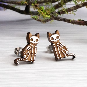 Skeleton Cat Halloween Earrings - Spooky Hand Painted Wooden Studs - Witch Halloween Costume Jewellery