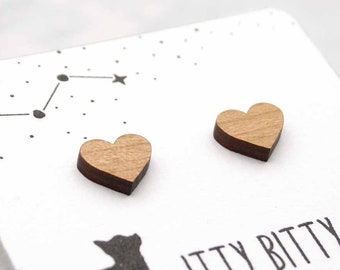 Heart Earrings - Wooden Love Hearts -  Hypoallergenic Studs - Minimalist Jewelry