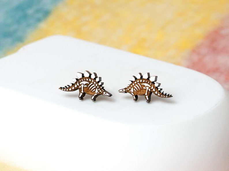 Rainbow Stegosaurus Earrings Pastel Dinosaur Skeleton Studs, Hypoallergenic Posts, Valentines Dino Lover Gift, Colourful Geeky Jewellery image 4