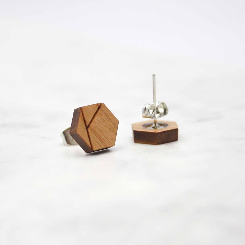 Hexagon Stud Earrings Wooden Geometric Jewelry Eco Friendly and Sustainable image 4