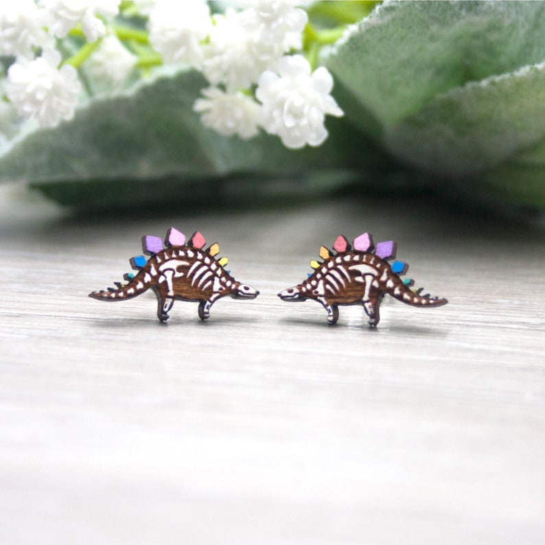 Rainbow Stegosaurus Earrings Pastel Dinosaur Skeleton Studs, Hypoallergenic Posts, Valentines Dino Lover Gift, Colourful Geeky Jewellery image 8