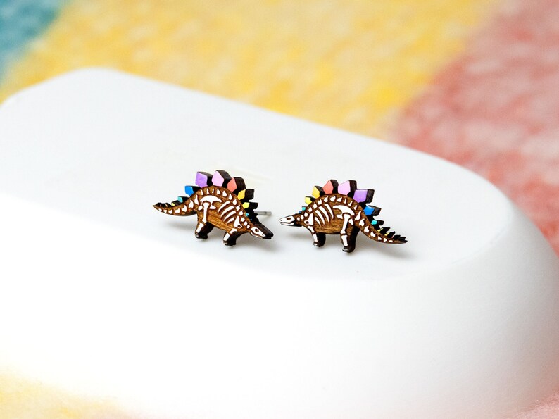 Rainbow Stegosaurus Earrings - Pastel Dinosaur Skeleton Studs, Hypoallergenic Posts, Valentines Dino Lover Gift, Colourful Geeky Jewellery 