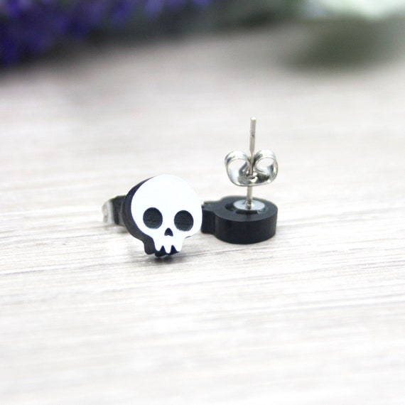 Cute Skull Earrings - Acrylic Jewellery - Halloween Studs with Hypoallergenic Posts