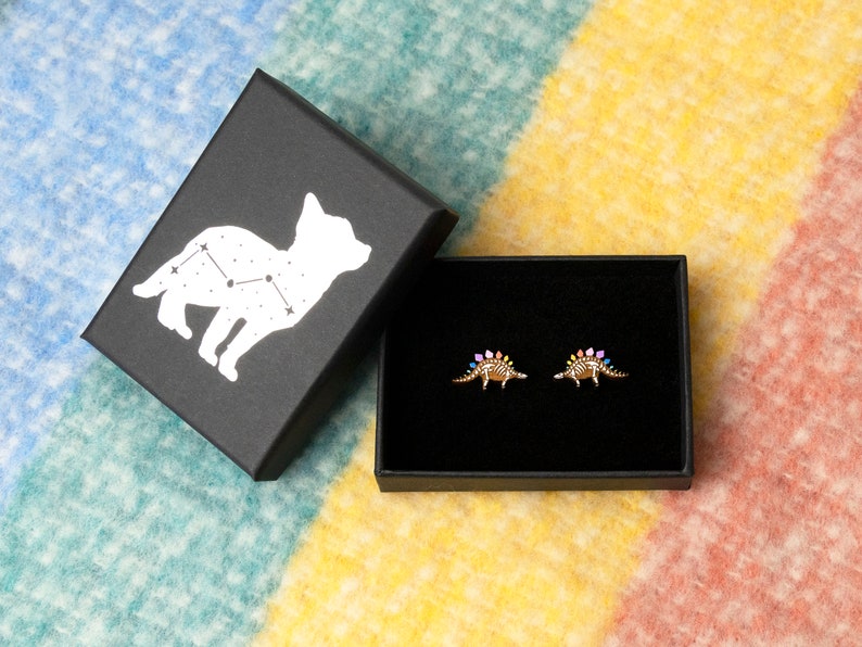 Rainbow Stegosaurus Earrings Pastel Dinosaur Skeleton Studs, Hypoallergenic Posts, Valentines Dino Lover Gift, Colourful Geeky Jewellery image 6