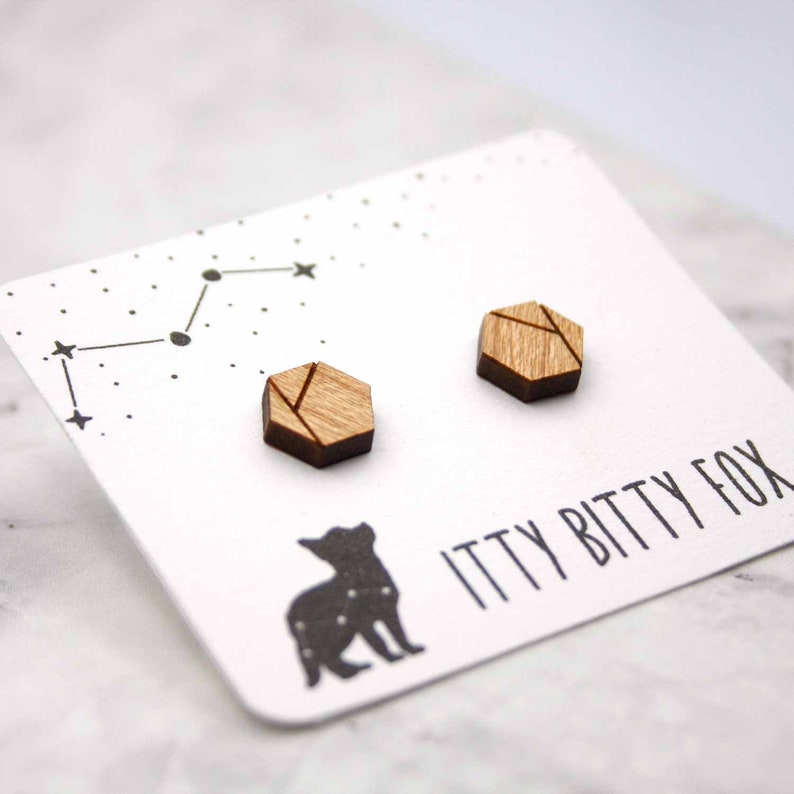 Hexagon Stud Earrings Wooden Geometric Jewelry Eco Friendly and Sustainable image 1