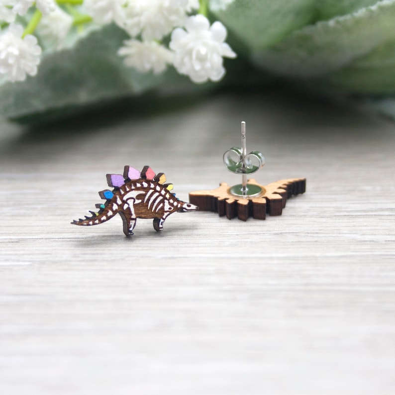 Rainbow Stegosaurus Earrings Pastel Dinosaur Skeleton Studs, Hypoallergenic Posts, Valentines Dino Lover Gift, Colourful Geeky Jewellery image 9