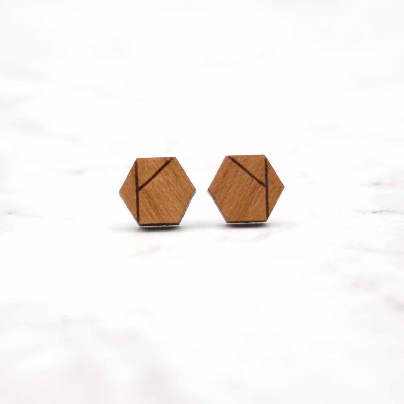 Hexagon Stud Earrings Wooden Geometric Jewelry Eco Friendly and Sustainable image 5