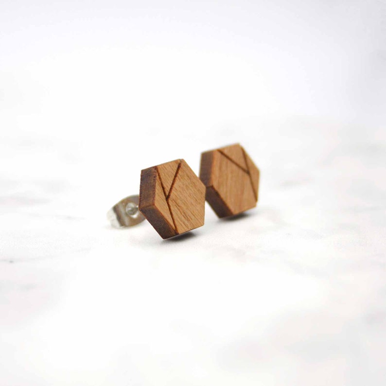 Hexagon Stud Earrings Wooden Geometric Jewelry Eco Friendly and Sustainable image 3