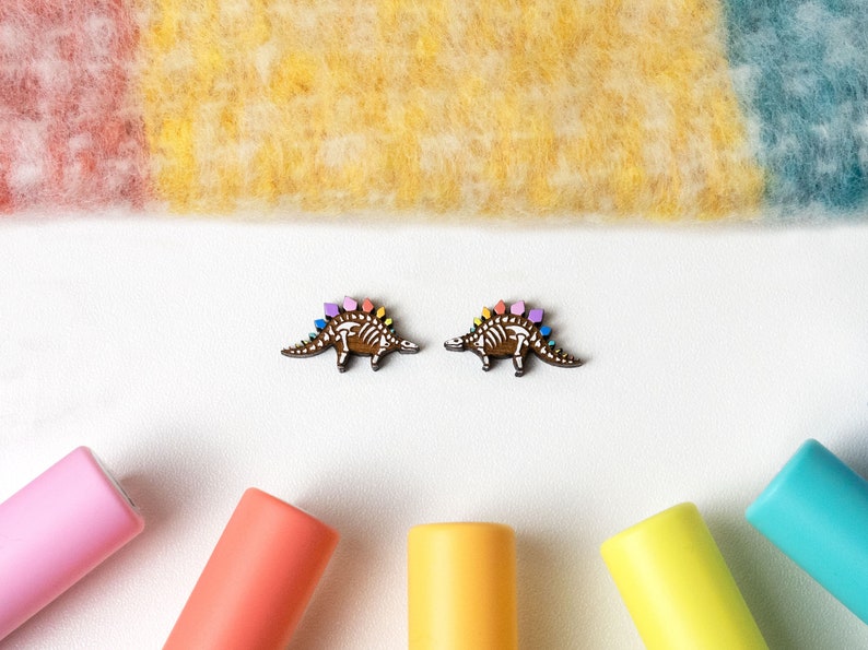 Rainbow Stegosaurus Earrings Pastel Dinosaur Skeleton Studs, Hypoallergenic Posts, Valentines Dino Lover Gift, Colourful Geeky Jewellery image 7