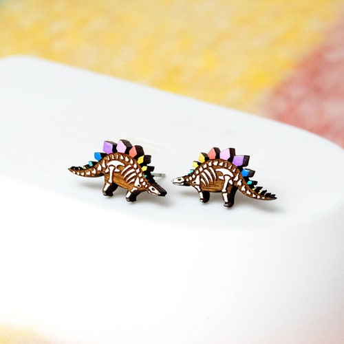 Rainbow Stegosaurus Earrings - Pastel Dinosaur Skeleton Studs, Hypoallergenic Posts, Valentines Dino Lover Gift, Colourful Geeky Jewellery