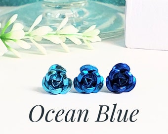 Beautiful Blue Rose Earrings, Metal Flower Studs, 3 Pair Set, Gifts For Her