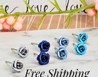 Dainty Handcrafted Metal Flower Stud Earrings • Tiny Floral Jewelry • 4 Pairs • Free Shipping