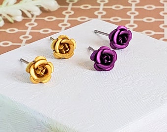 Dainty Rose Flower Stud Earrings | 6mm | Hypoallergenic Jewelry | 2 Pair Set