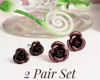 Chocolate Brown Rose Stud Earrings - 2 Pair Set - Second Hole Piercings