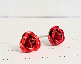 Rosey Red Rose Earrings • Flower Studs • 6mm • Stainless Steel • Womens Earrings