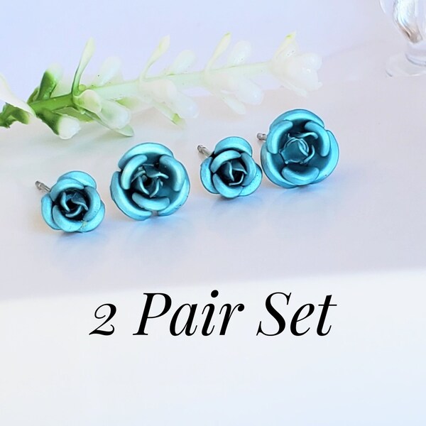 Blue Rose Flower Earrings | Dainty Jewelry | Metal Flowers | 2 Pair Set