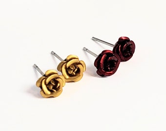 Flower Stud Earrings | Metal Rose Studs | 2 Pair Set | Bridesmaid Jewelry