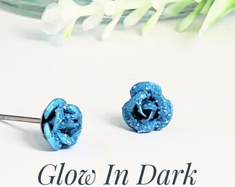 Glow In Dark Earrings, Blue Rose Studs, Cute Floral Earrings, Tiny Studs