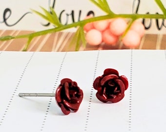 No Regrets Red Rose Stud Earrings, Red Flower Studs, Tiny, Gift For Her